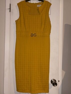 Enfocus Studio Yellow Grid Midi Sheath Dress with Waist Buckle